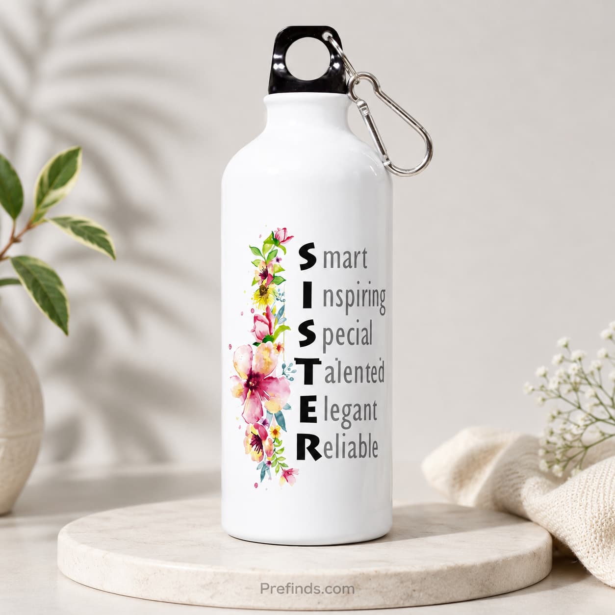 White steel sipper bottle with a floral SISTER acrostic print